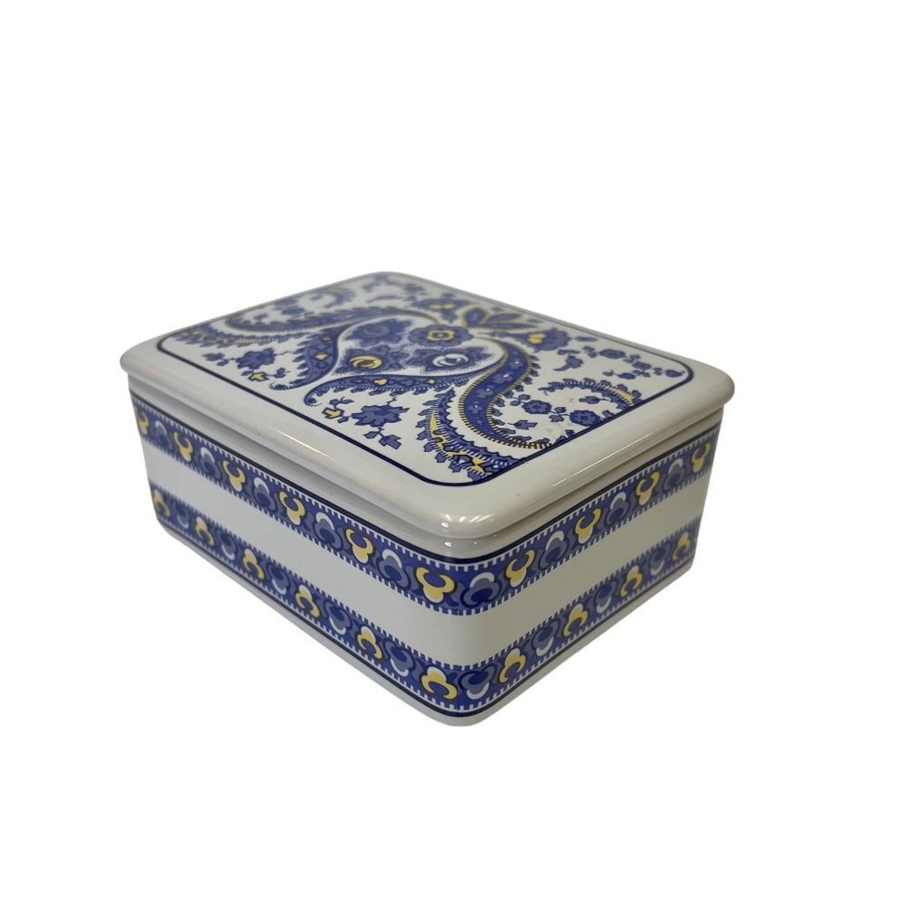 Thai Stoneware Trinket Box With Blueish Purple and Yellow Floral Paisley Pattern - Picture 5 of 9